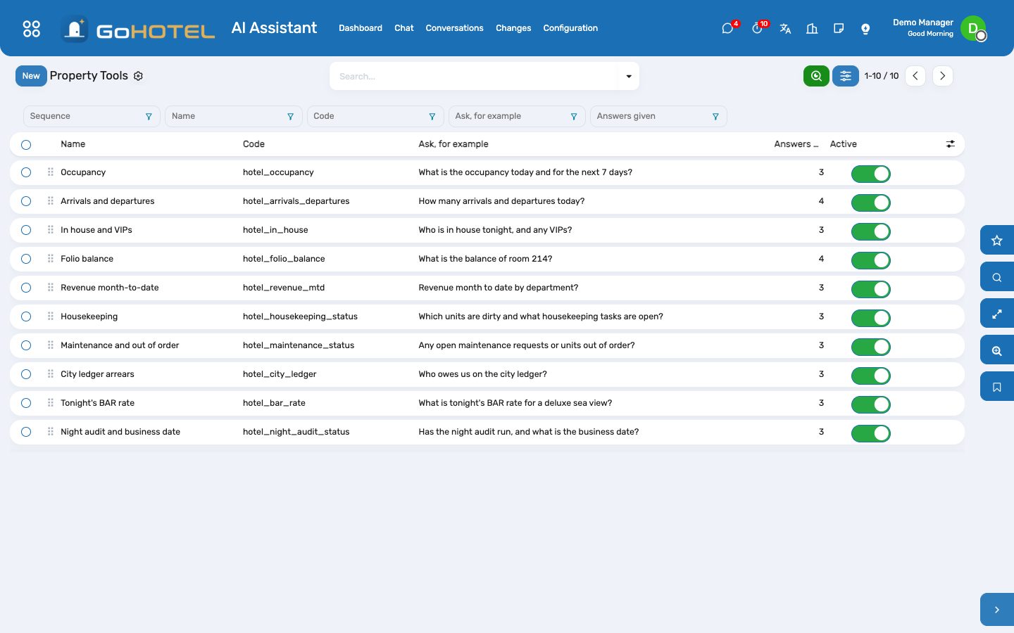 The property tools: what the assistant answers and the words that pick each tool.