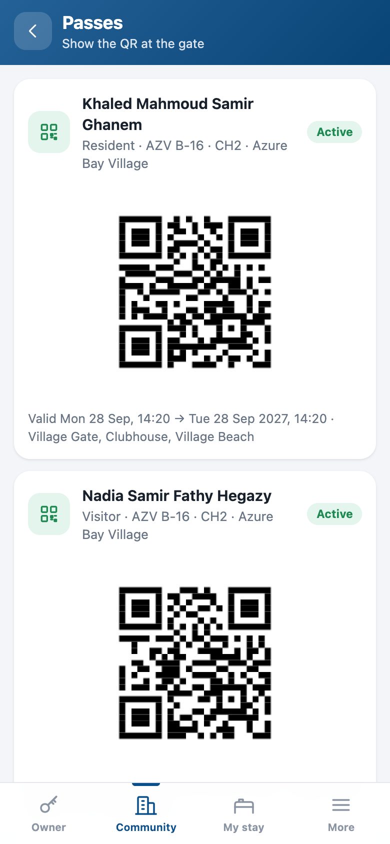 A resident's gate passes as QR codes, with their validity and zones, ready to show at the gate.