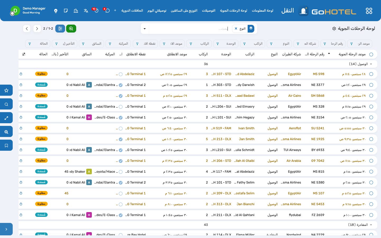 لوحة الرحلات الجوية: توصيلات اليوم والغد حسب موعد الرحلة، مع زر «تأخير» في كل سطر.
