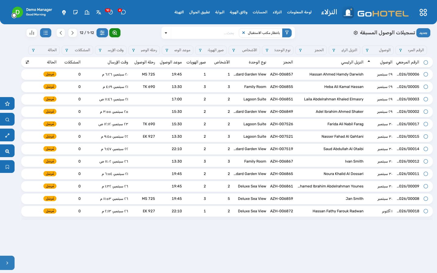 تسجيلات الوصول المسبقة عبر الإنترنت التي تنتظر المكتب، بالأشخاص وصور الهويات وما يحتاج إلى تصحيح.