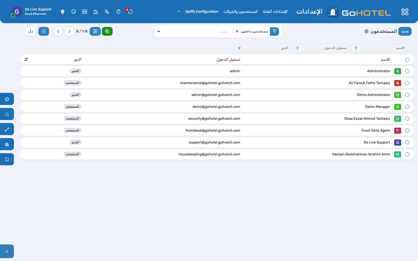 المستخدمون: دور GoHotel واحد لكل شخص يمنحه المجموعات ويحدد صفحة البداية.