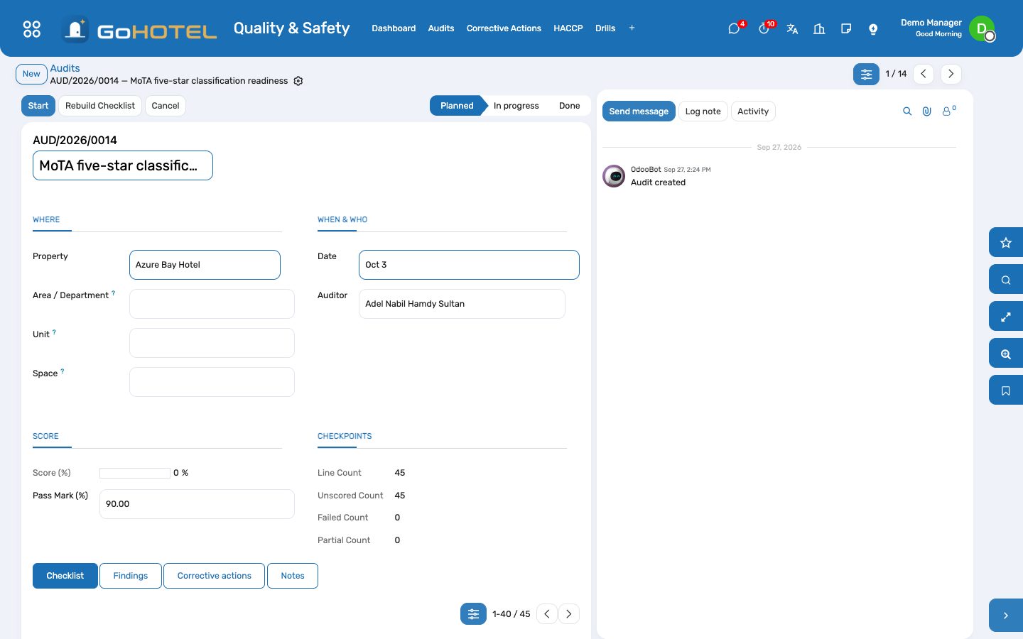 An audit: the checklist scored pass, partial, fail or not applicable, with the comment and the photo, the score and the findings.