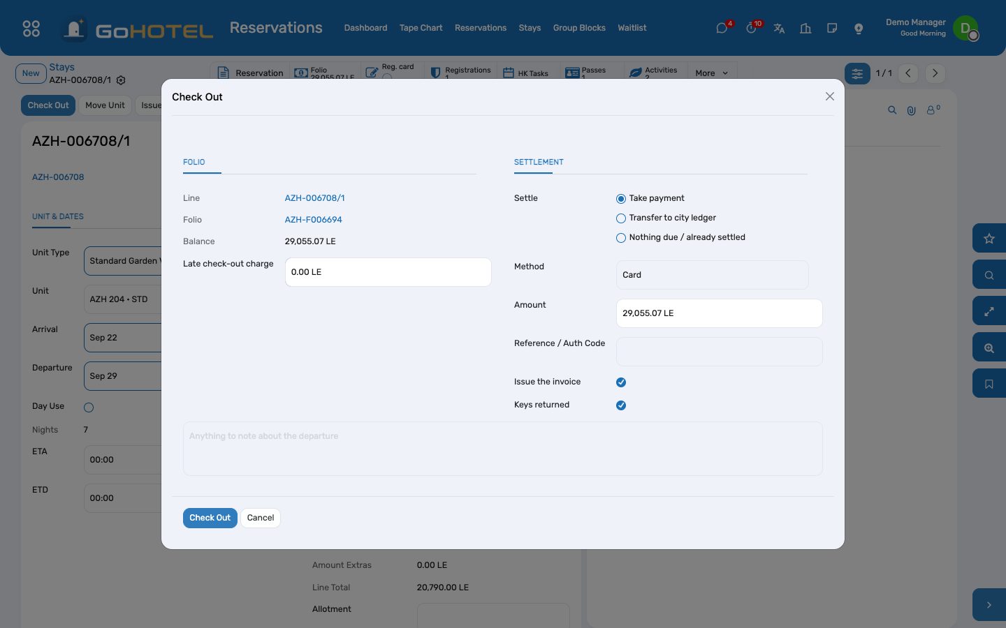 Check-out: the balance, the payment or the bill-back, the invoice, the key.