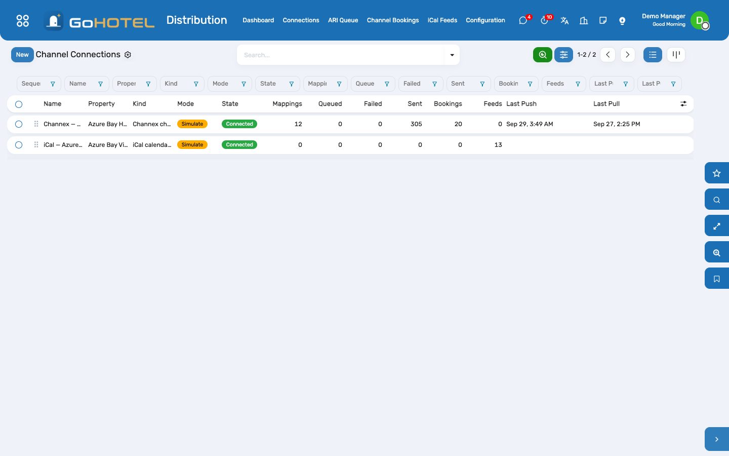 A Channex connection: mode, credentials, the webhook URL, mappings and its log.