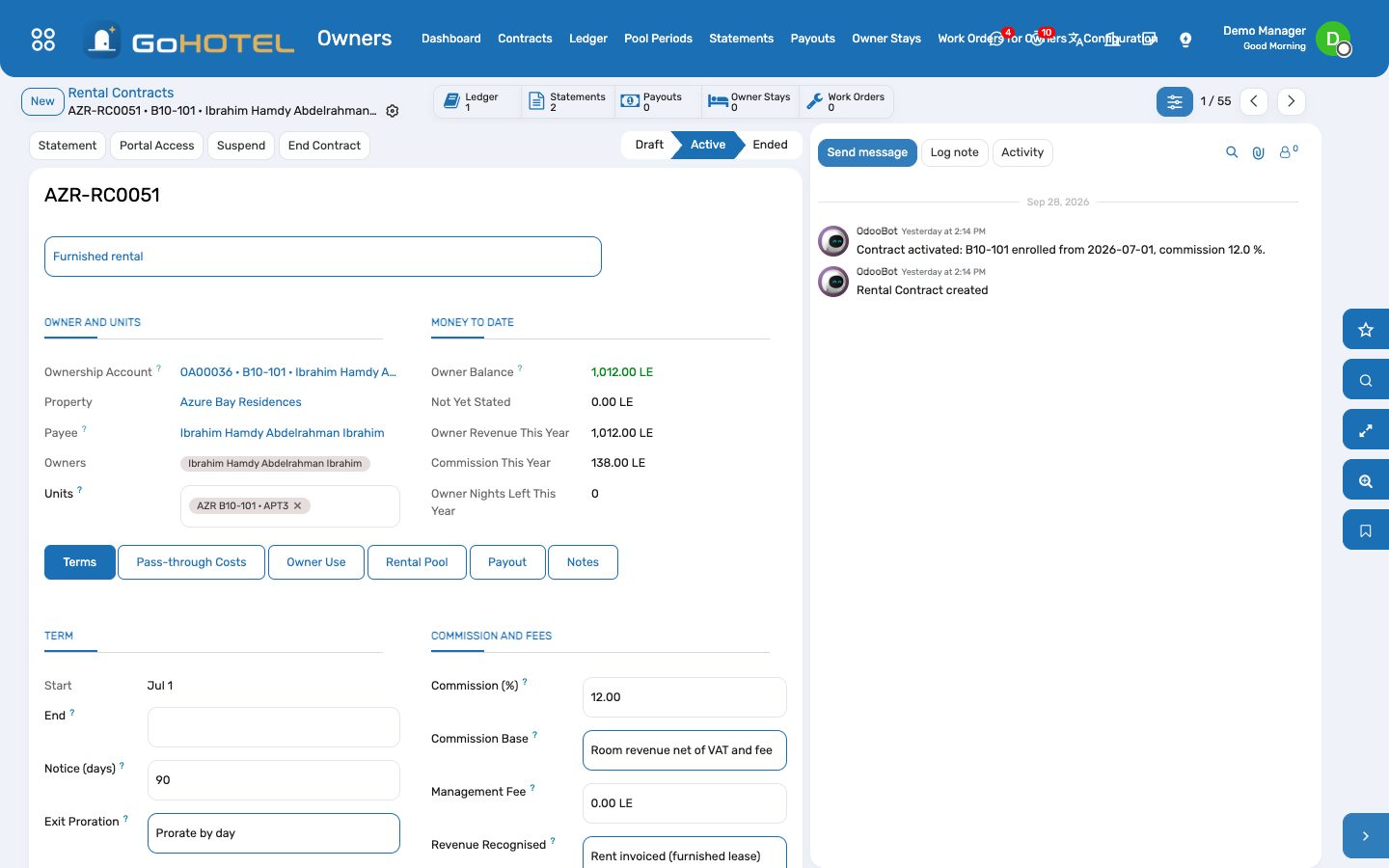 A rental contract: terms, pass-through costs, owner use and blackouts, the pool, the payout and the netting consent, with its ledger, statements, payouts, owner stays and work orders one click away.