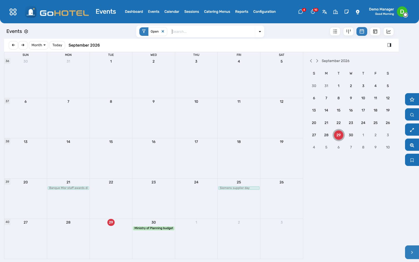 The event calendar, coloured by status.