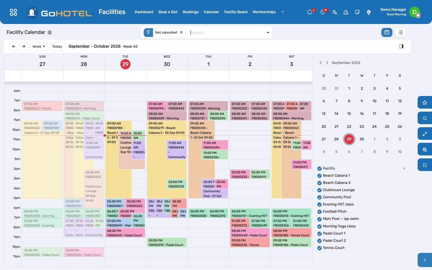 The week by facility — one colour each; click a slot to open the booking.
