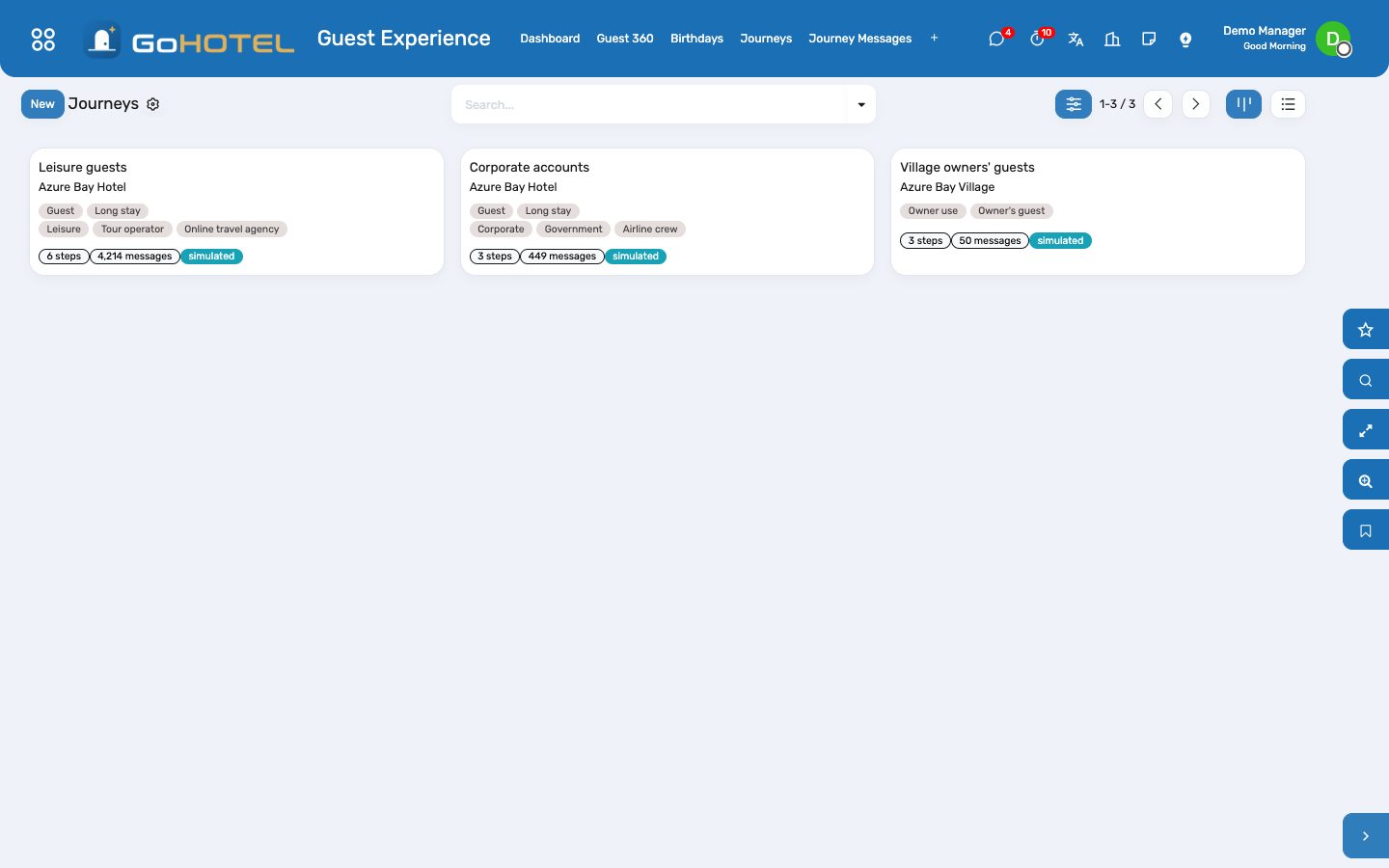 Journeys: what a guest hears and when — by e-mail, SMS or WhatsApp.