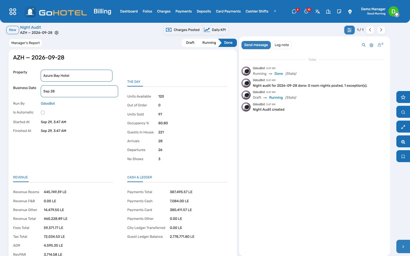 A night audit: the steps, the exceptions, the frozen numbers of the day.