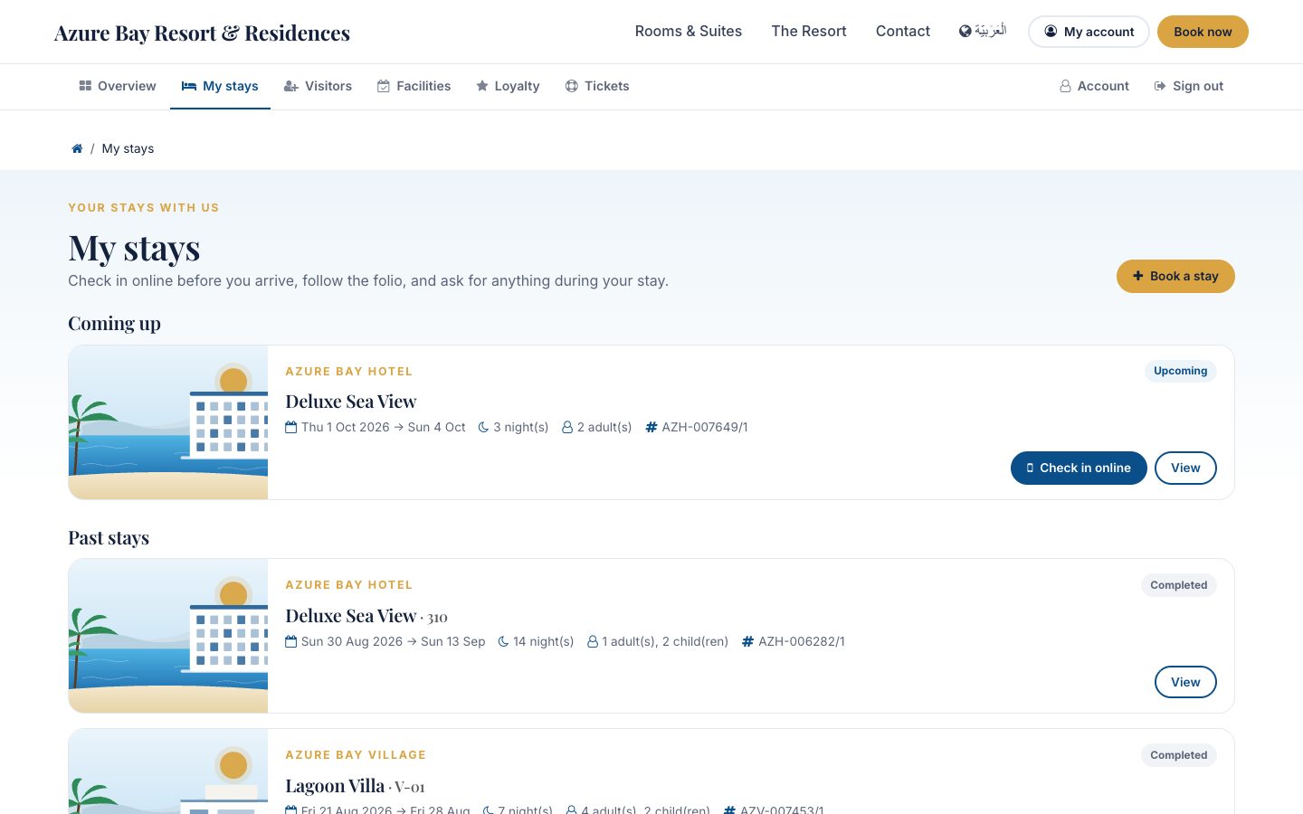 The guest's stays on the property's own site: coming up, in house and past, with online check-in.