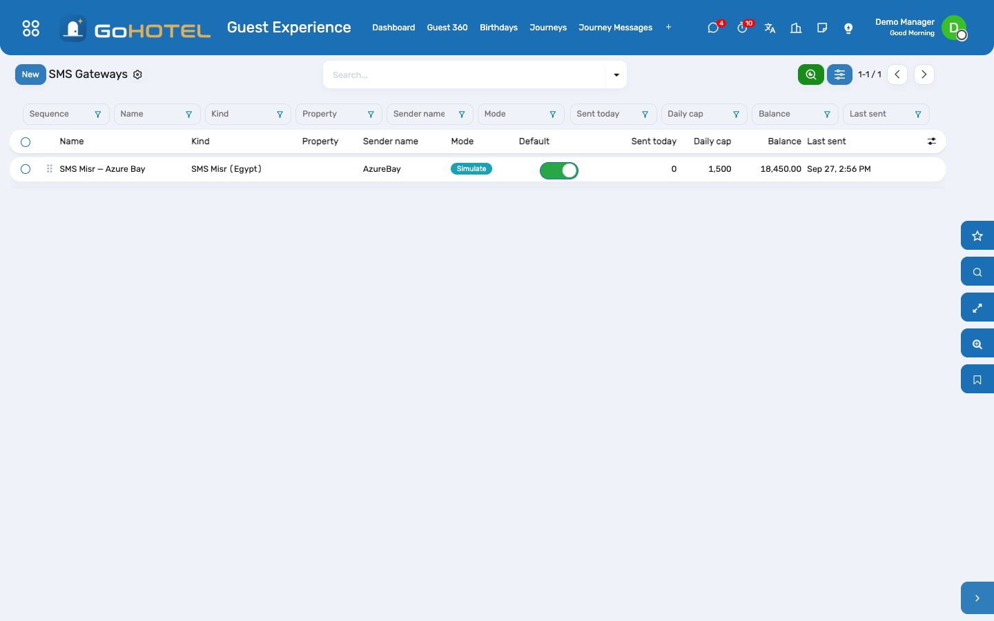A gateway: credentials, delivery-report address, cost and fallback, and the Test tab with the last messages.