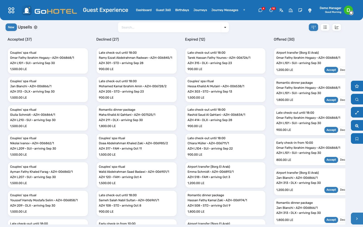 Upsells on the board: offered, accepted, declined — accepting posts the charge on the folio.