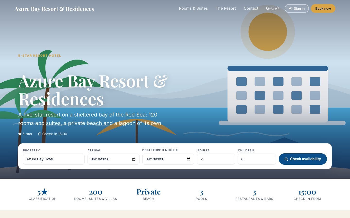 The home page: the hero, the booking widget, rooms and suites, the resort, dining and how to find the property.